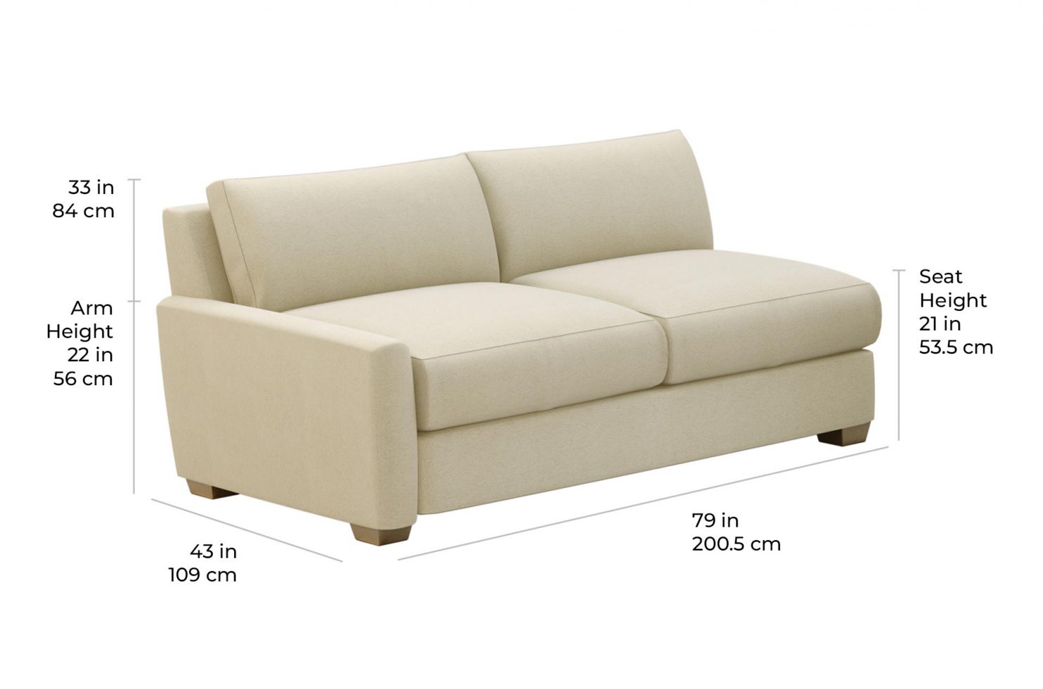 fizz imperial one arm apartment sofa 105FT004P2 SS LAF scale dims